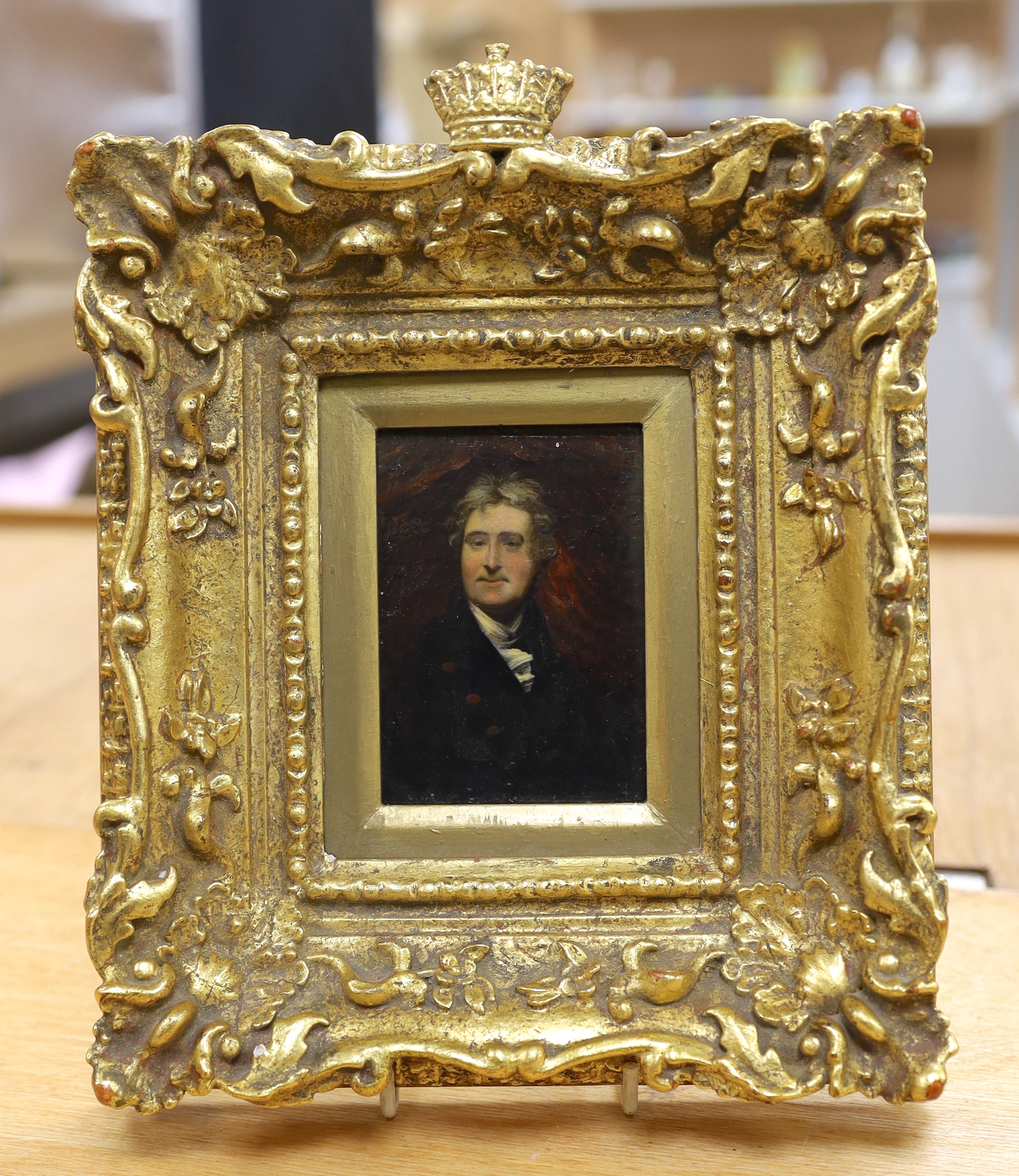 B. F. Scott (18th/19th. C), oil on board, Portrait of Sir David Erskine, 11th Earl of Buchan (1742-1829), inscribed Cider House Galleries label verso, 9 x 6cm, ornate gilt frame